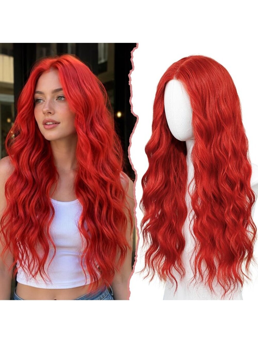 Women's Red 26 Inch Long Synthetic Middle Part Lace Front Wavy Wig